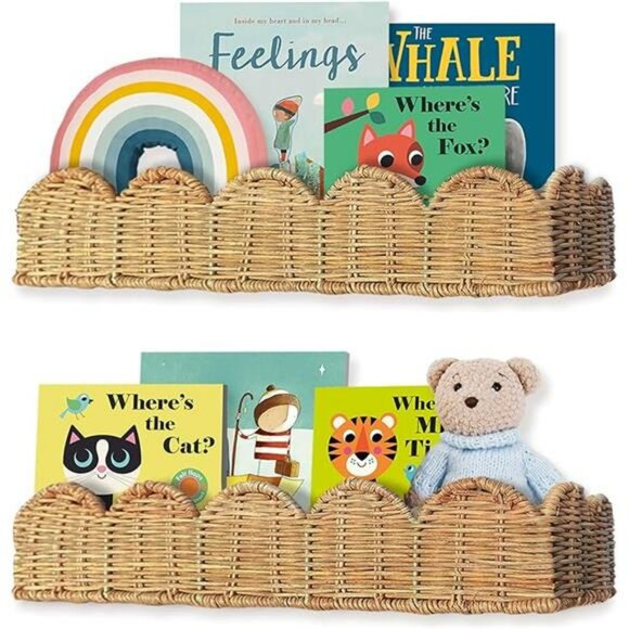 Set of 2 rattan nursery wall shelves wicker floating bookshelf kids room decor - Picture 7 of 7